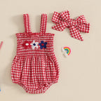 Lioraitiin Baby Girl July 4th Outfit Plaid Letter Embroidery Shirred