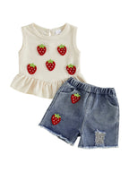 Baby Girls Outfits Floral Strawberry Patch Tank Tops and Ripped Denim