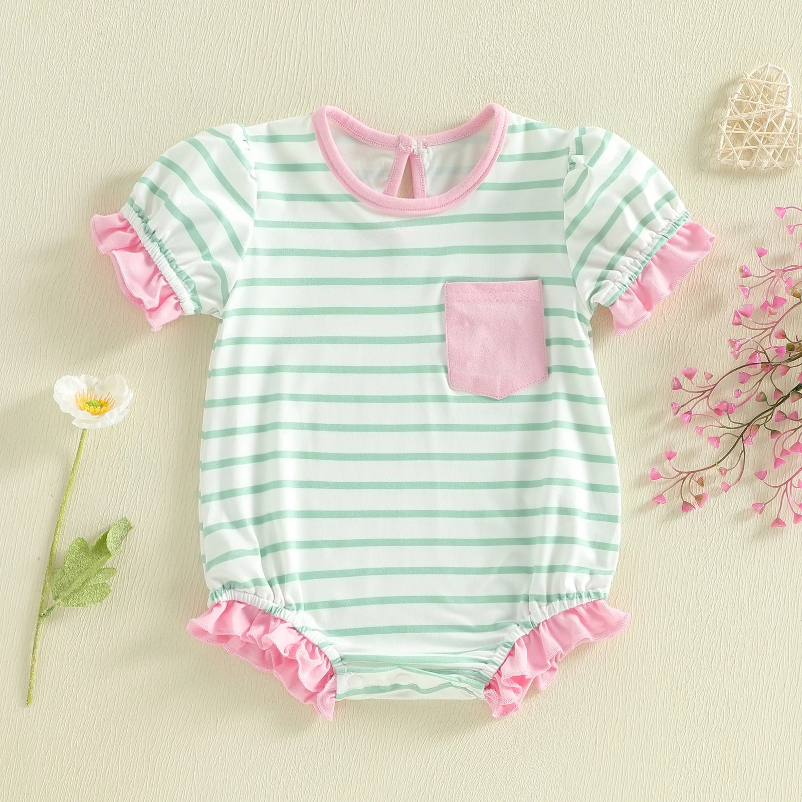 Lioraitiin Baby Girl Striped Romper Ruffle Trim Short Sleeve Crewneck