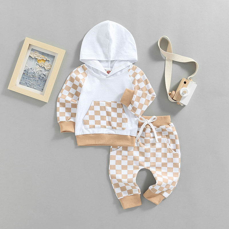 Lioraitiin 0-4Years Girl Boy Outfit 2Pcs Set Plaid Long Sleeve Hoodie
