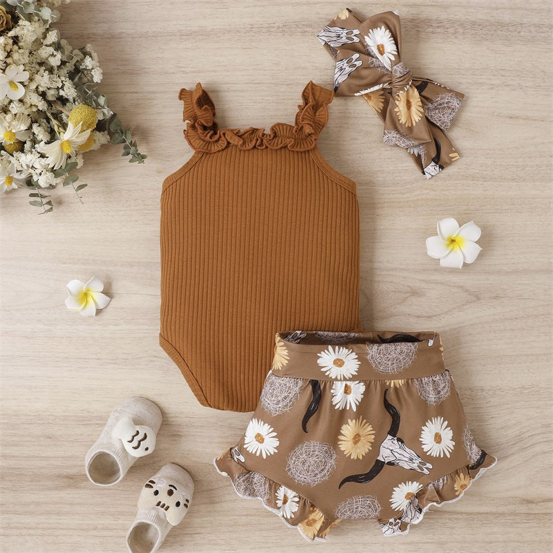 Lioraitiin 0-18M Infant Baby Girl 3Pcs Off Shoulder Romper Tops Bull