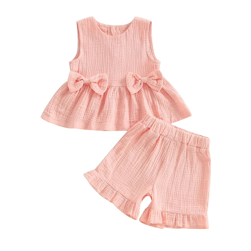 Lioraitiin Toddler Baby Girl Solid Color Bow Round Neck Tank Tops +