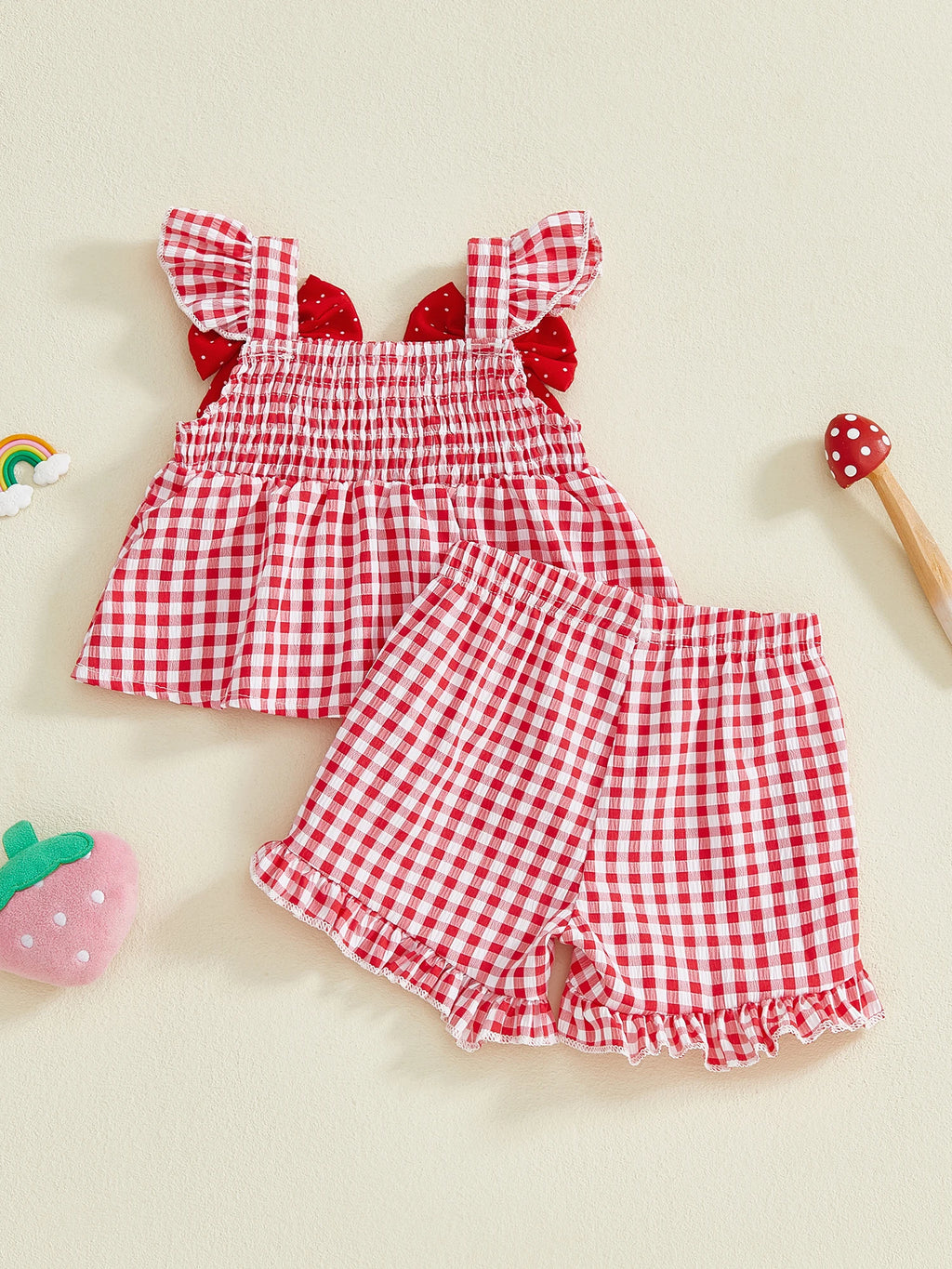 Lioraitiin Toddler Baby Girl Outfit Strawberry Embroidered Plaid Bows
