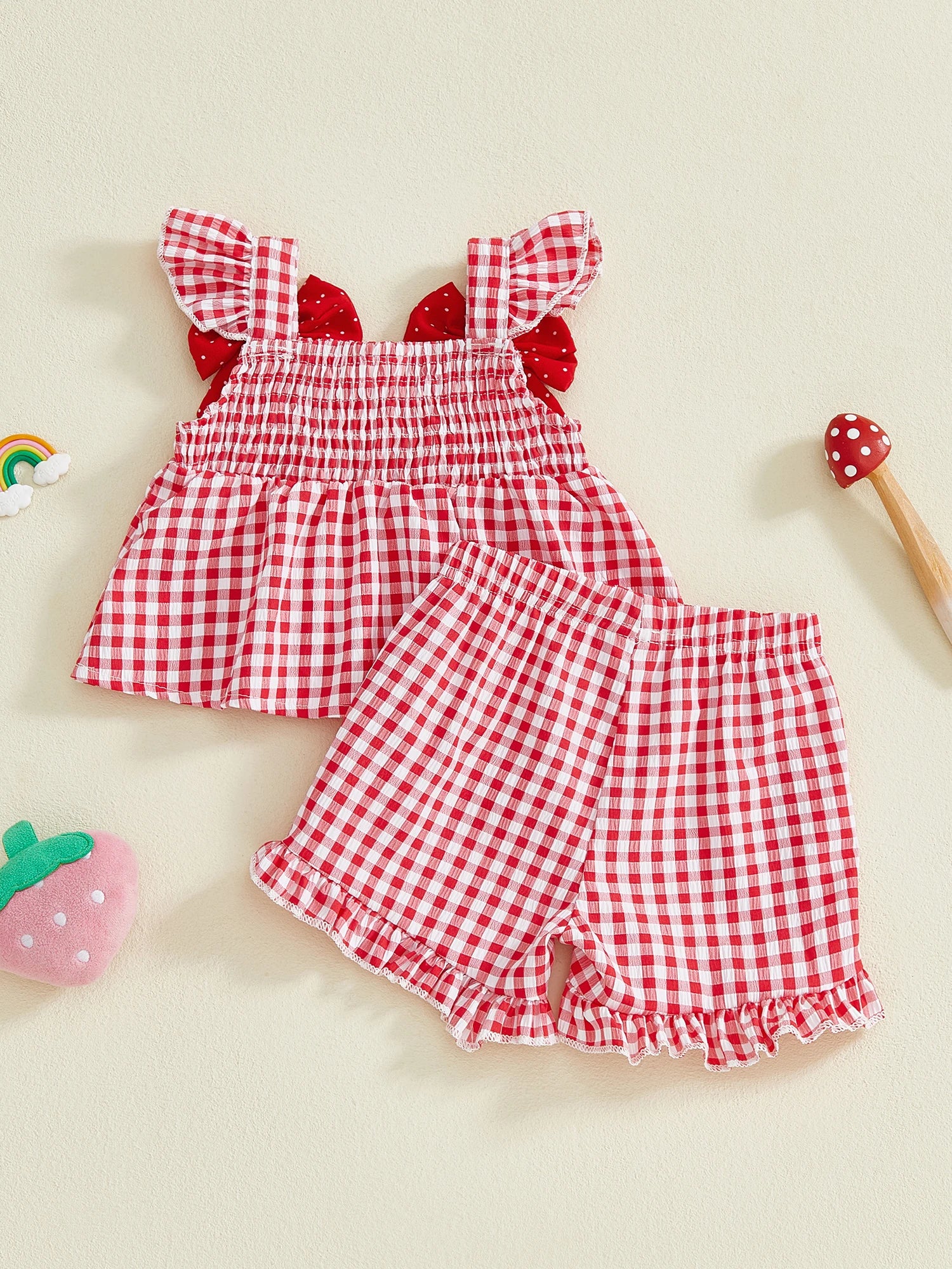Lioraitiin Toddler Baby Girl Outfit Strawberry Embroidered Plaid Bows