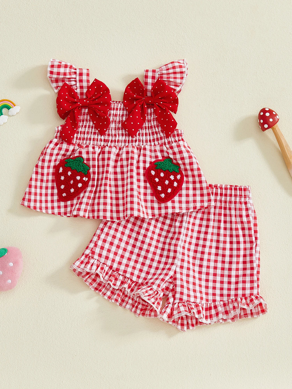Lioraitiin Toddler Baby Girl Outfit Strawberry Embroidered Plaid Bows