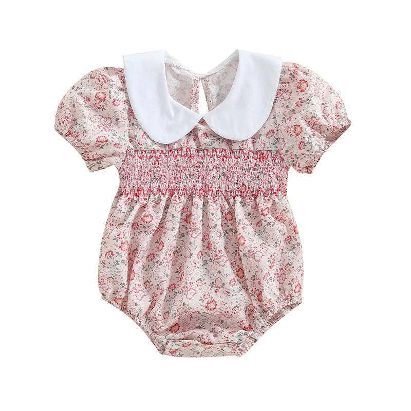 Lioraitiin Newborn Baby Girl Romper Short Sleeve Doll Collar Floral