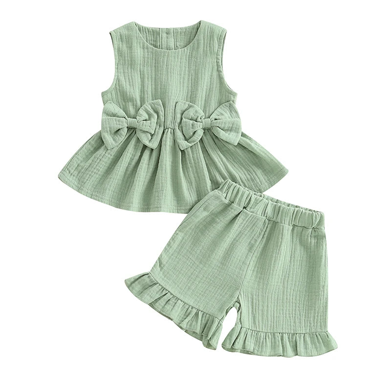 Lioraitiin Toddler Baby Girl Solid Color Bow Round Neck Tank Tops +