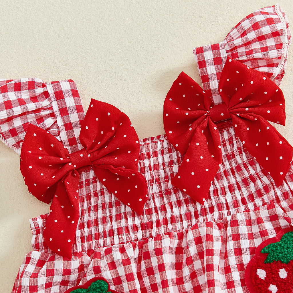 Lioraitiin Toddler Baby Girl Outfit Strawberry Embroidered Plaid Bows