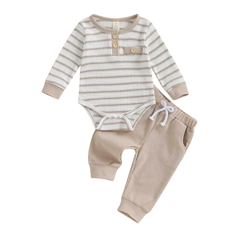 Lioraitiin 0-18M Newborn Baby Boy Girl Waffle Knit Striped Romper