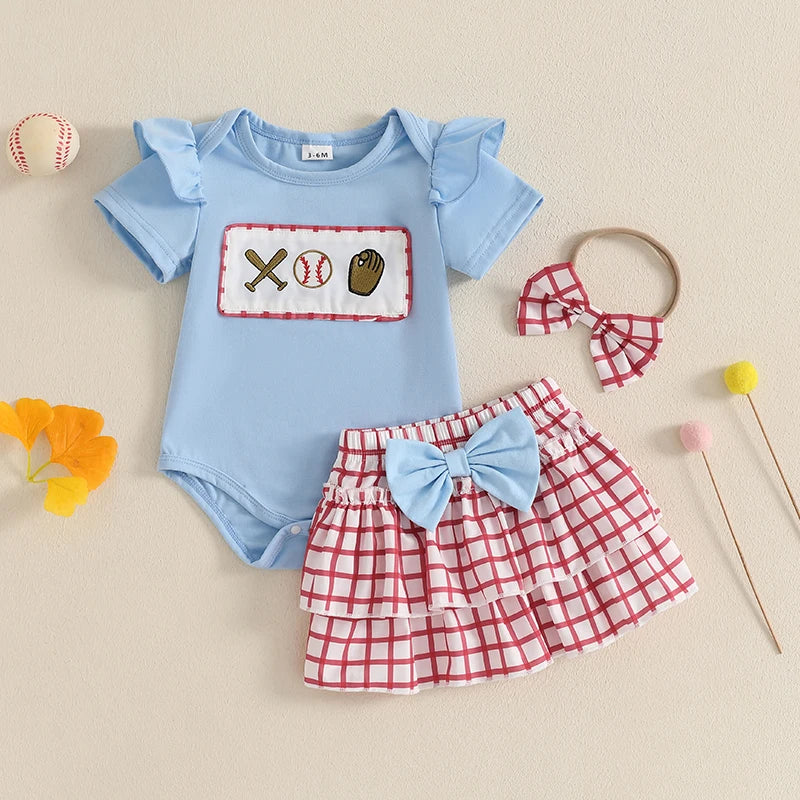 Lioraitiin Baby Girl Outfits Short Sleeve Baseball Embroidery Romper
