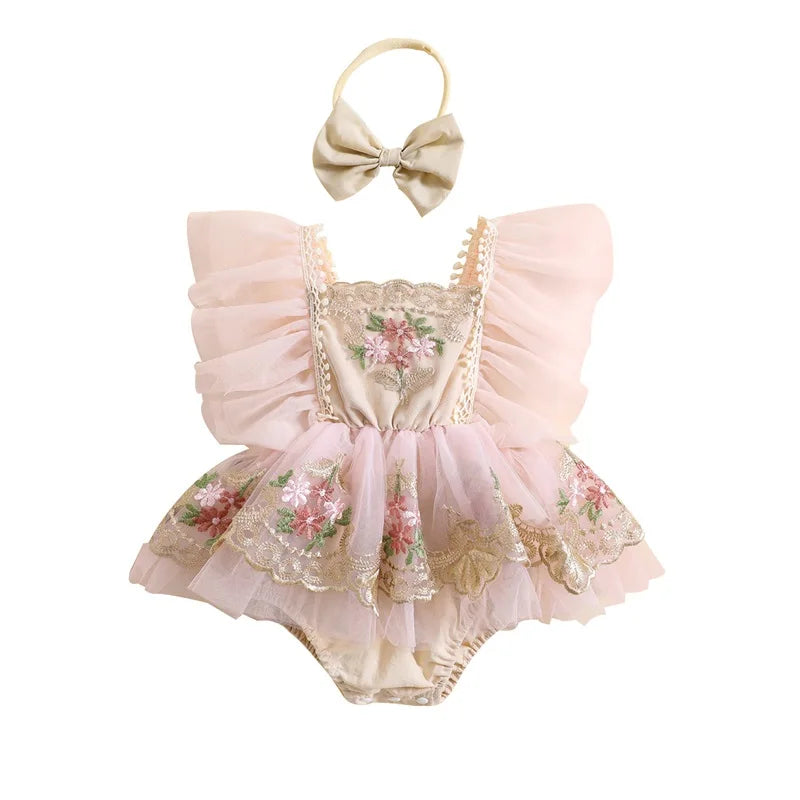 Lioraitiin 0-24M Newborn Girl Outfit Embroidery Flower Fly Sleeve