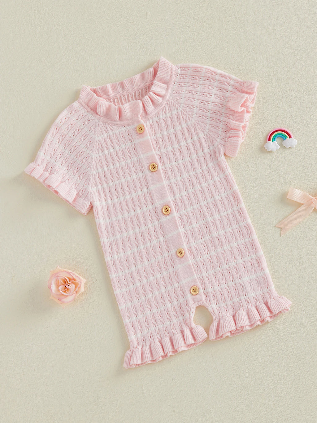 Lioraitiin Newborn Baby Girl Knit Romper Ruffle Trim Short Sleeve