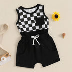 Lioraitiin Toddler Boys Outfits Checkerboard Patchwork Round Neck