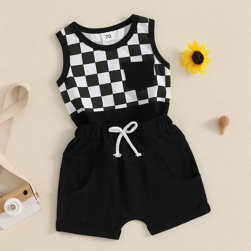 Lioraitiin Toddler Boys Outfits Checkerboard Patchwork Round Neck