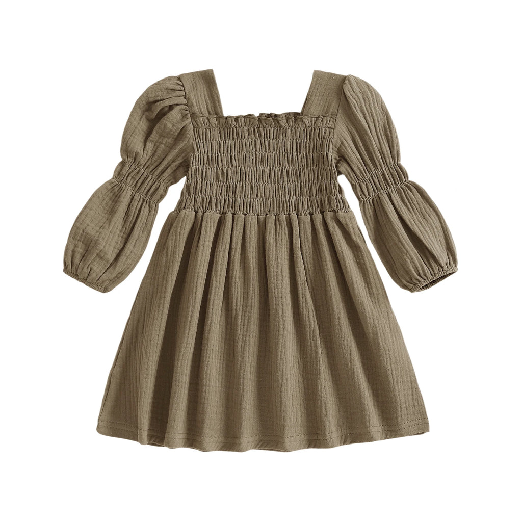 Lioraitiin Toddler Girl Bubble Sleeve Dress Stylish Solid Smocked