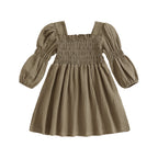 Lioraitiin Toddler Girl Bubble Sleeve Dress Stylish Solid Smocked