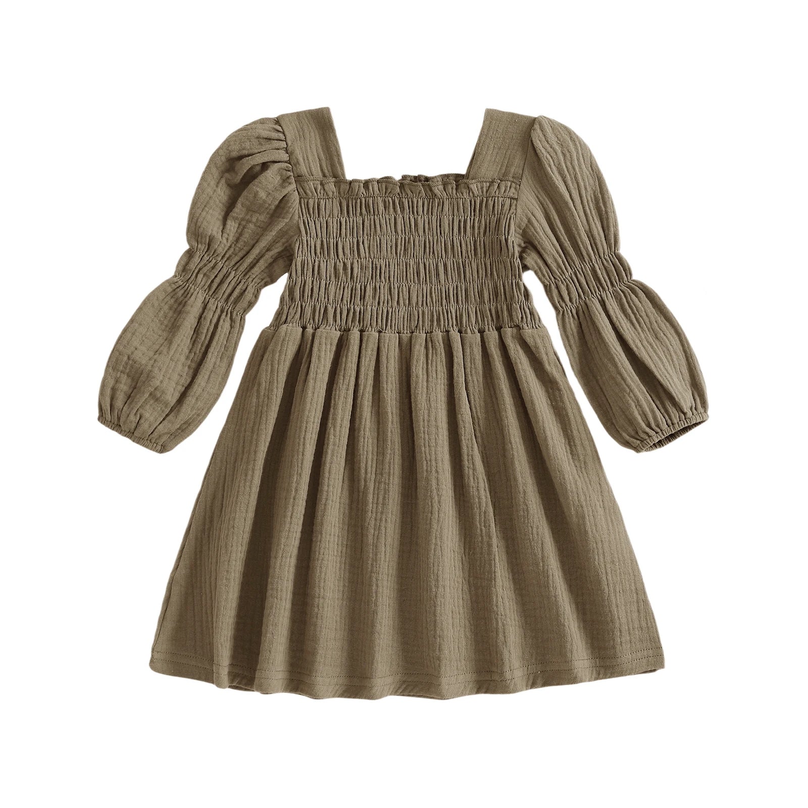 Lioraitiin Toddler Girl Bubble Sleeve Dress Stylish Solid Smocked