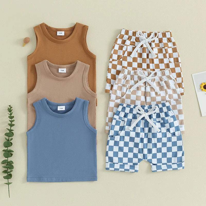 lioraitiin Baby Boy Solid Sleeveless Tank Top Checkered Shorts 2Pcs