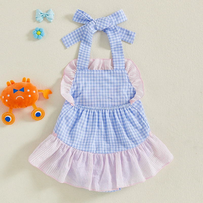 Lioraitiin Baby Girl Crab Plaid Romper Dress Tie-up Halter Neck