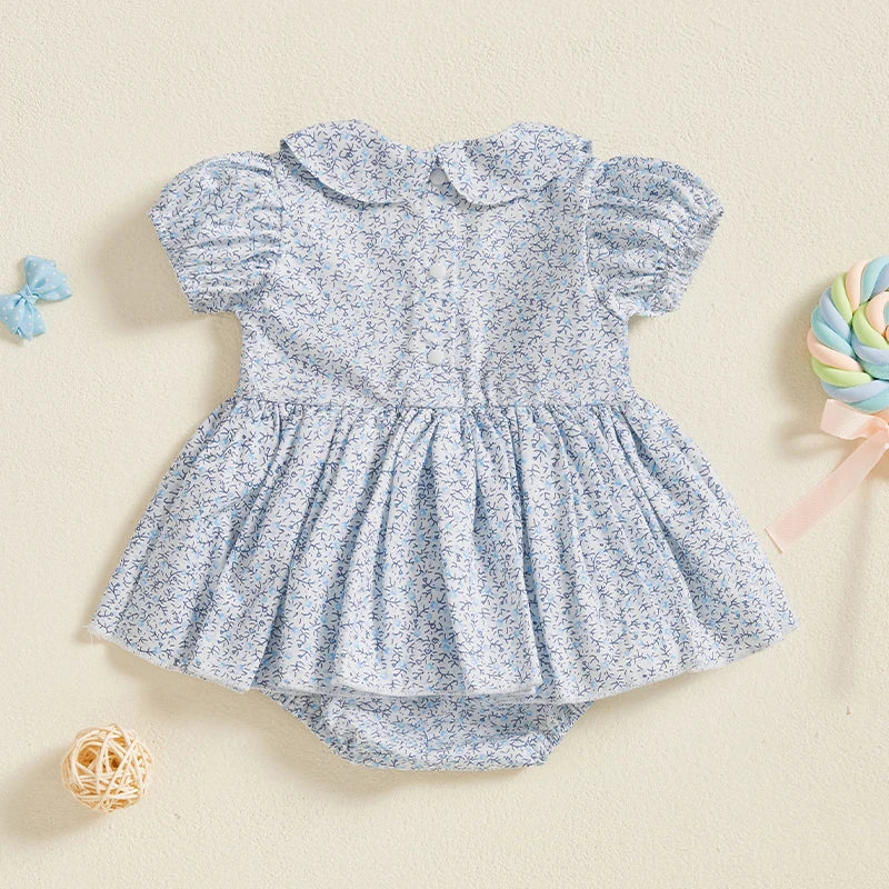 Lioraitiin Baby Girls Romper Dress Short Sleeve Bow Embroidery Floral