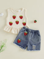 Baby Girls Outfits Floral Strawberry Patch Tank Tops and Ripped Denim