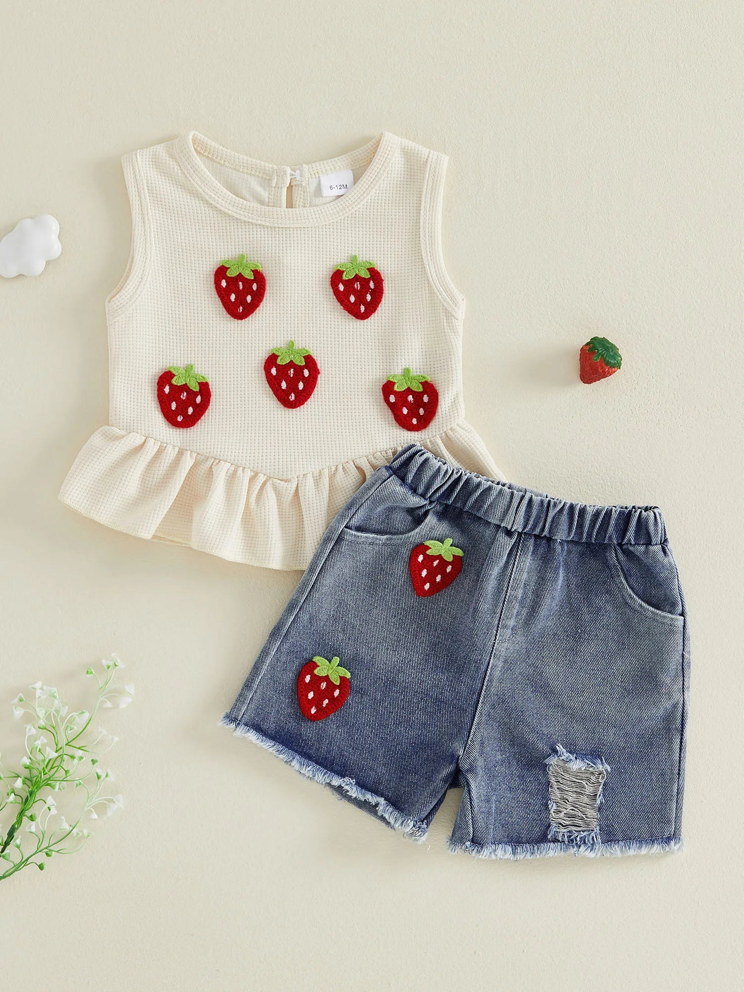 Baby Girls Outfits Floral Strawberry Patch Tank Tops and Ripped Denim