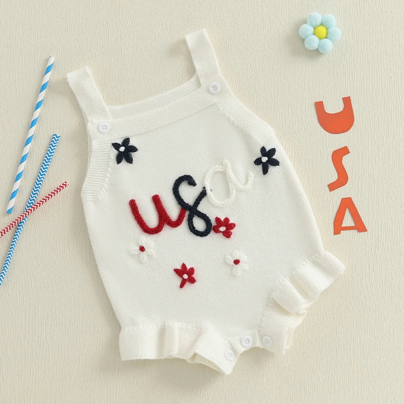 Lioraitiin Baby Girl Knit Overalls Floral Letter Embroidery