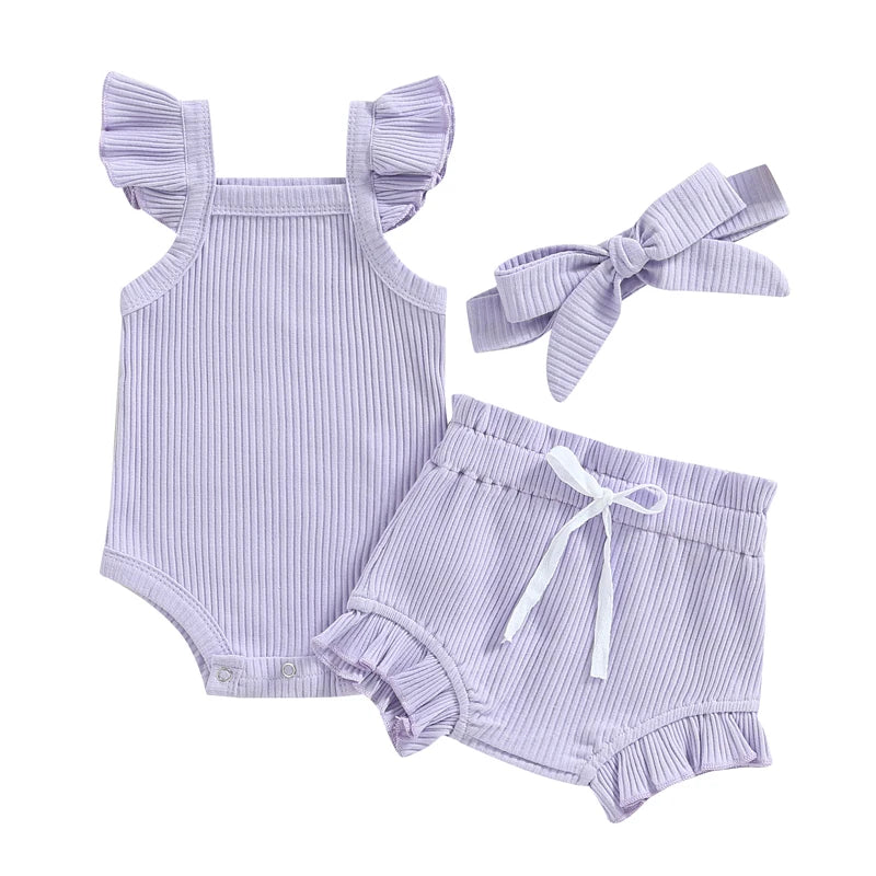 Lioraitiin 0-18M Toddler Girls 3Pcs Fly Sleeve Solid Romper Tops
