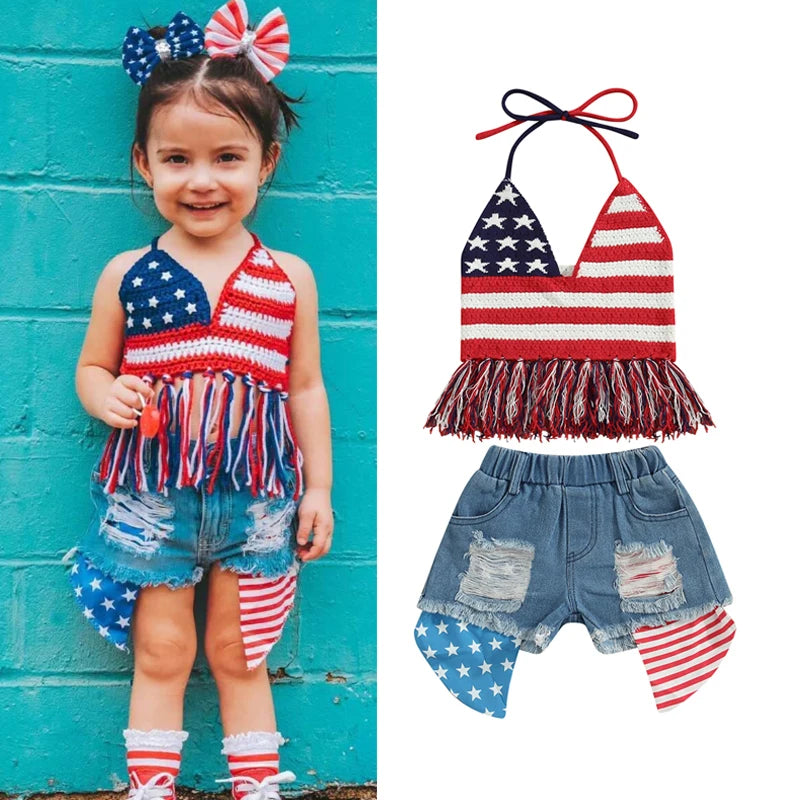 Lioraitiin 0-6Years Toddler Baby Girl 2Pcs Independence Day Set