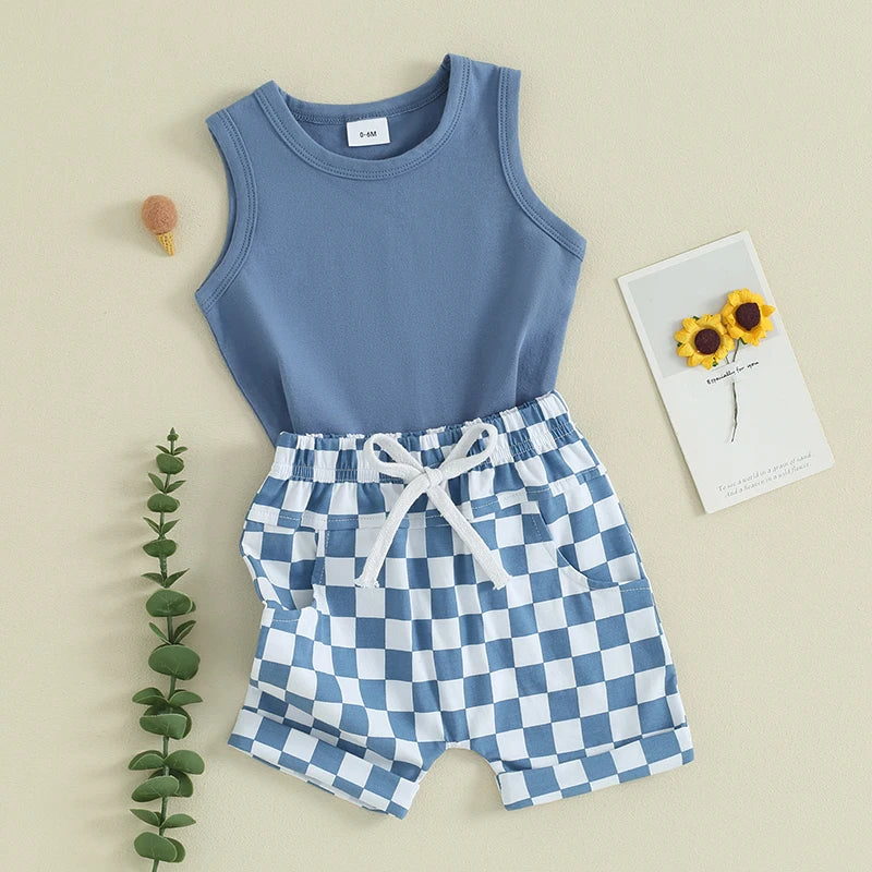lioraitiin Baby Boy Solid Sleeveless Tank Top Checkered Shorts 2Pcs