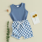 lioraitiin Baby Boy Solid Sleeveless Tank Top Checkered Shorts 2Pcs