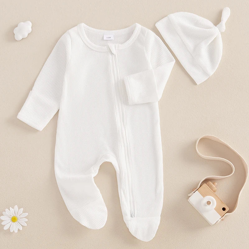 Lioraitiin Newborn Baby Footed Romper Solid Color Waffle Long Sleeve