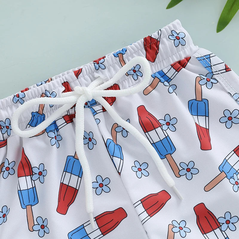 Lioraitiin Toddler Boy 4th of July Swim Trunks with Drawstring Ice