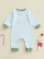 Lioraitiin Baby Boy Romper Embroidered Striped Crew Neck Long Sleeve