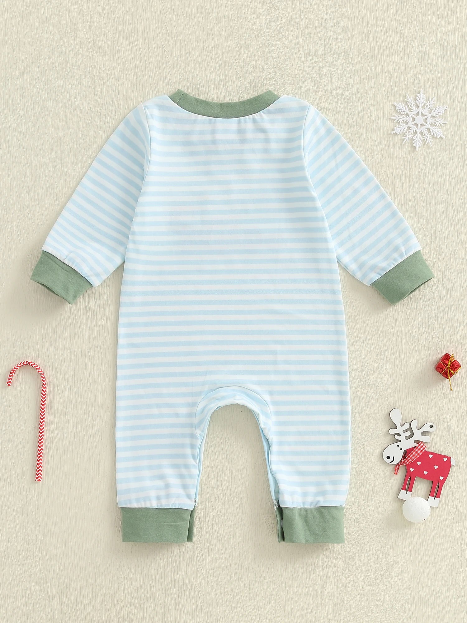 Lioraitiin Baby Boy Romper Embroidered Striped Crew Neck Long Sleeve