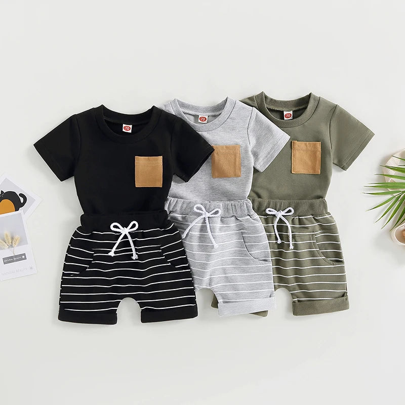 Lioraitiin 0-4Years Baby Kids Boys 2Pcs Set Short Sleeve Crew Neck
