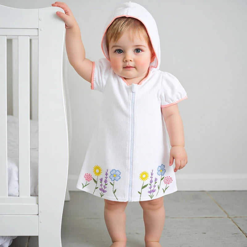 Lioraitiin Kid Girl Hooded Beach Coverup Floral Embroidery Loose Fit