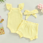 Lioraitiin 0-18M Toddler Girls 3Pcs Fly Sleeve Solid Romper Tops