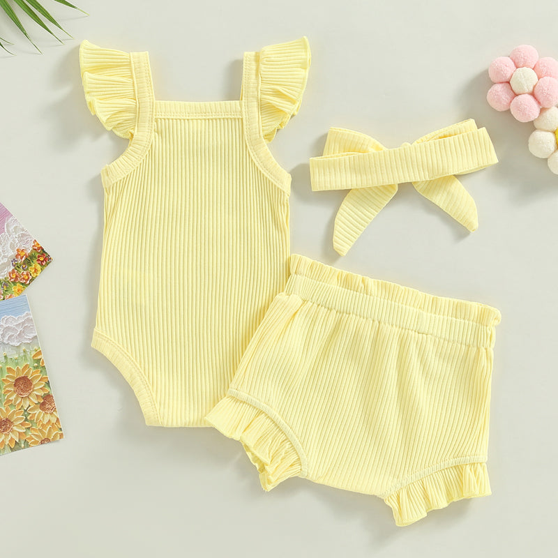 Lioraitiin 0-18M Toddler Girls 3Pcs Fly Sleeve Solid Romper Tops