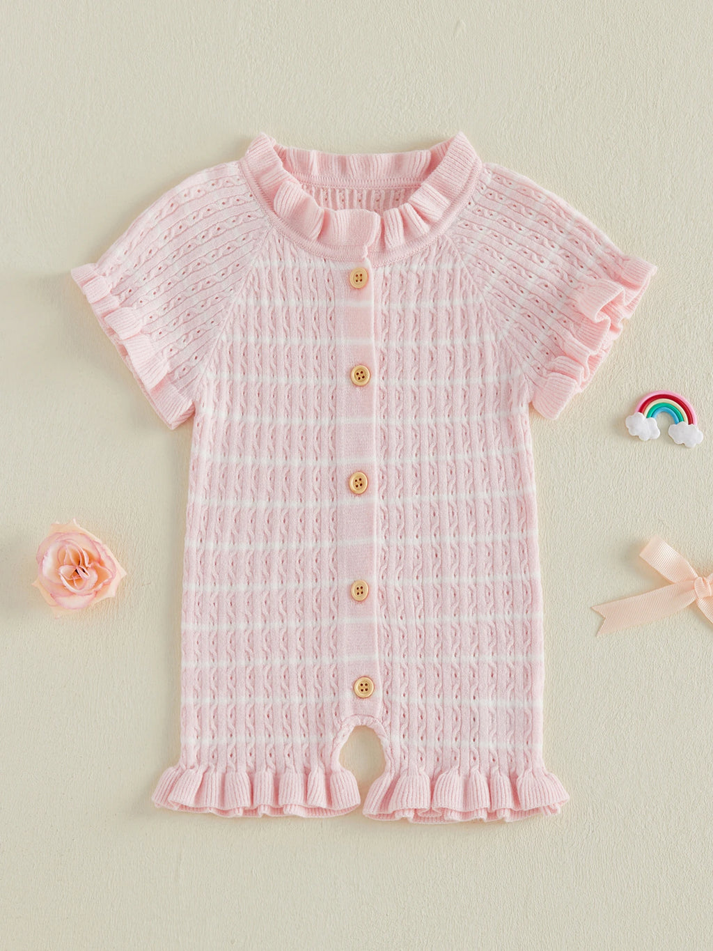 Lioraitiin Newborn Baby Girl Knit Romper Ruffle Trim Short Sleeve