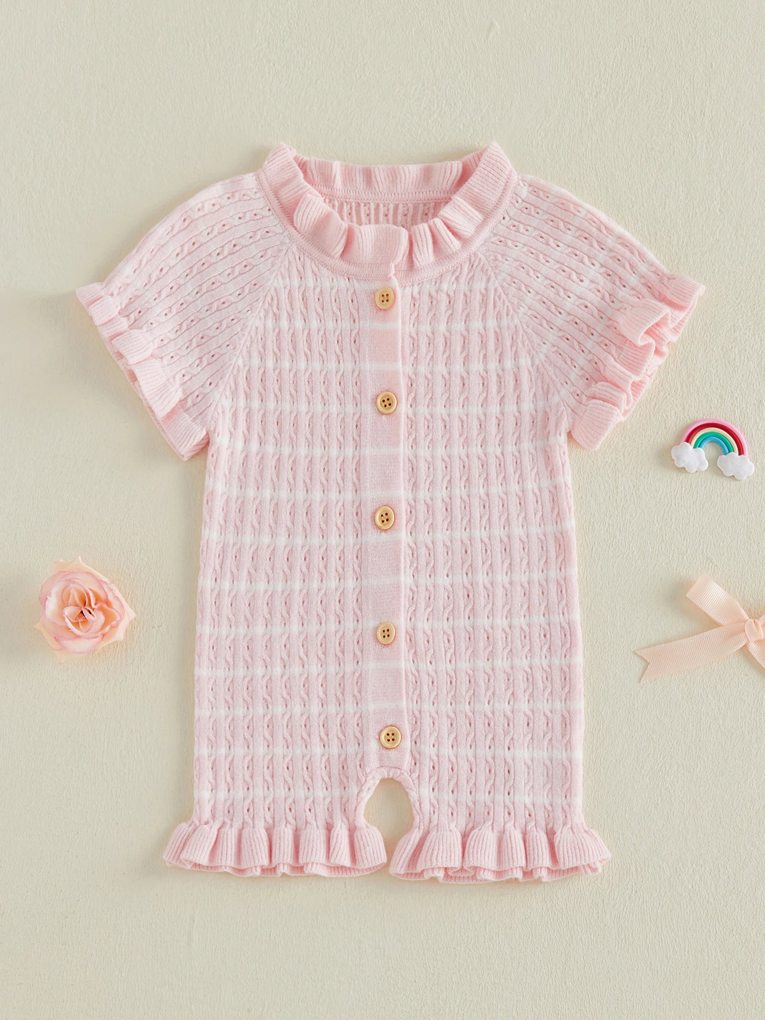 Lioraitiin Newborn Baby Girl Knit Romper Ruffle Trim Short Sleeve
