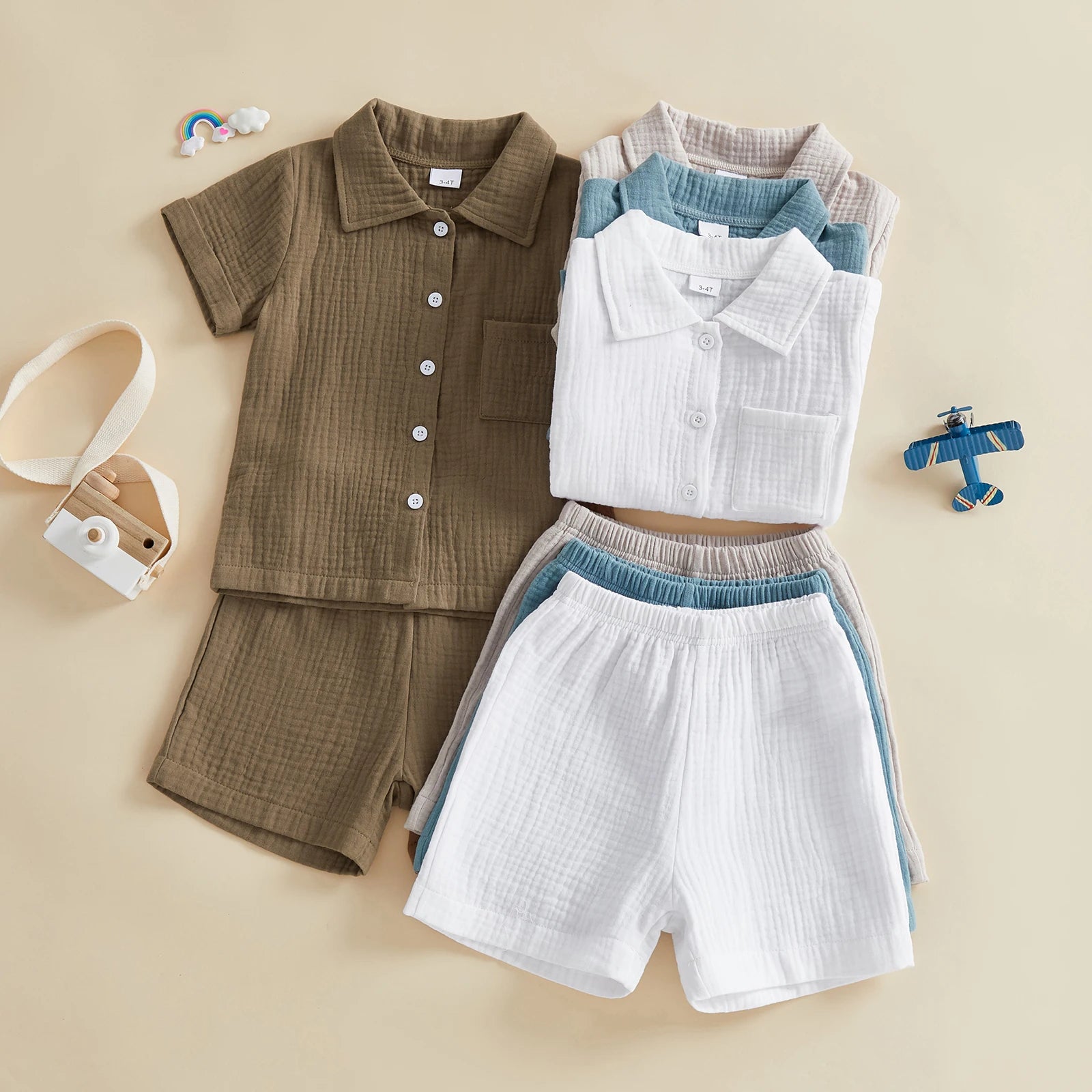 Lioraitiin Little Boys 2 Piece Outfits Solid Color Short Sleeve Turn