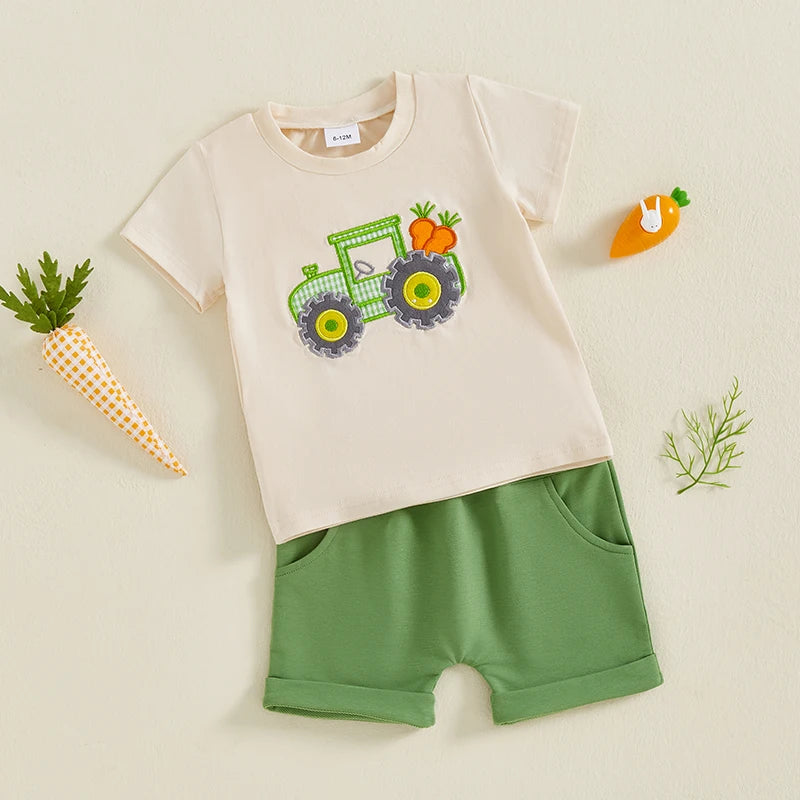 Lioraitiin Toddler Boys Easter Sets Short Sleeve O Neck Tractor