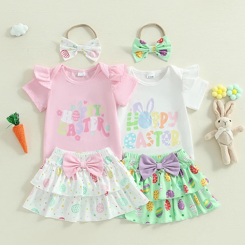 Lioraitiin Baby Girl Easter Outfits Short Sleeve Romper + Tiered