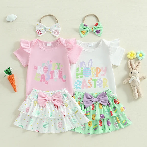 Lioraitiin Baby Girl Easter Outfits Short Sleeve Romper + Tiered
