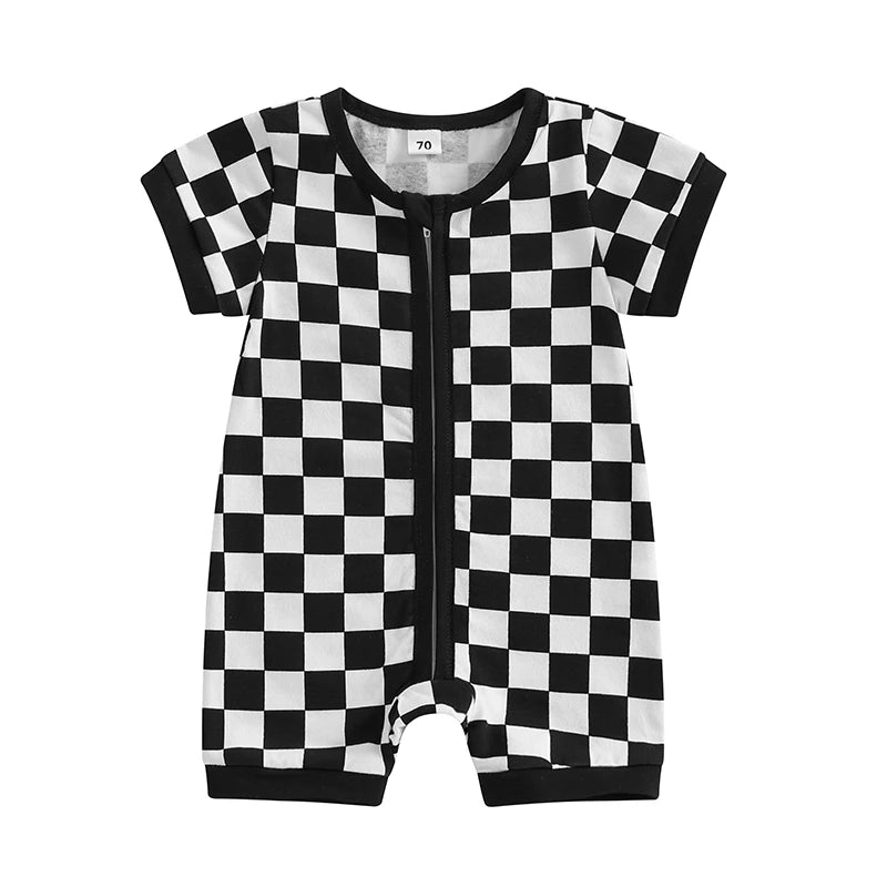 Lioraitiin Baby Boys Romper Checkerboard Print Short Sleeve Round