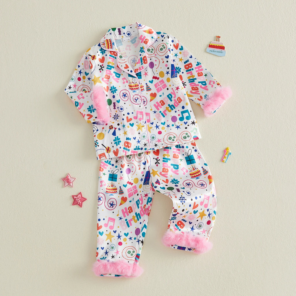 Toddler Girls Birthday Pajamas Set Long Sleeve Cartoon Print Fur