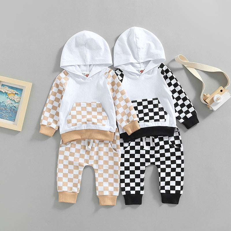 Lioraitiin 0-4Years Girl Boy Outfit 2Pcs Set Plaid Long Sleeve Hoodie