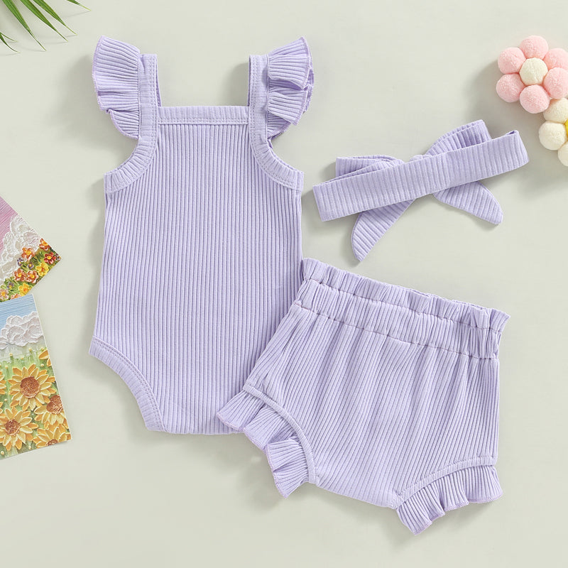 Lioraitiin 0-18M Toddler Girls 3Pcs Fly Sleeve Solid Romper Tops