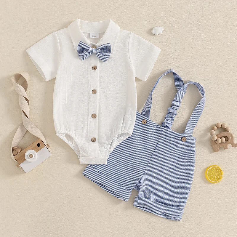 Lioraitiin Baby Boy Gentleman Outfit Solid Color Short Sleeve Lapel